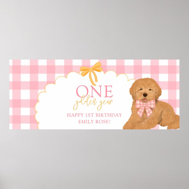 Pink One Golden Year Doodle Puppy 1st Birthday Poster (Front)