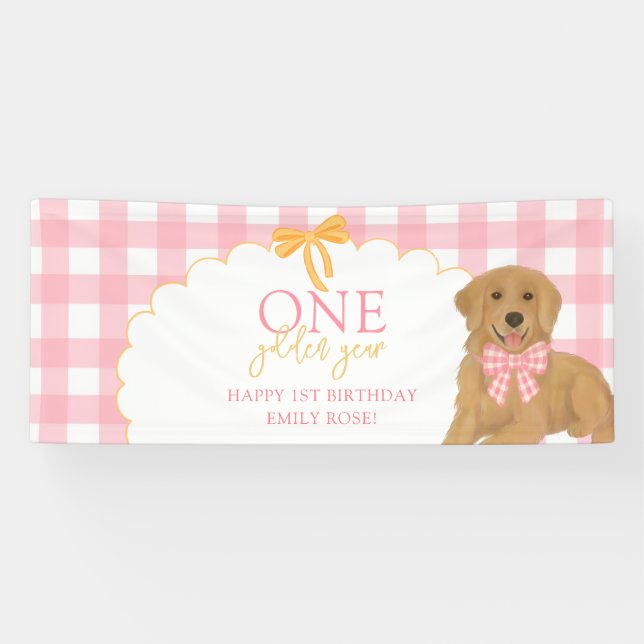 Pink One Golden Year Retriever Puppy 1st Birthday Banner (Horizontal)