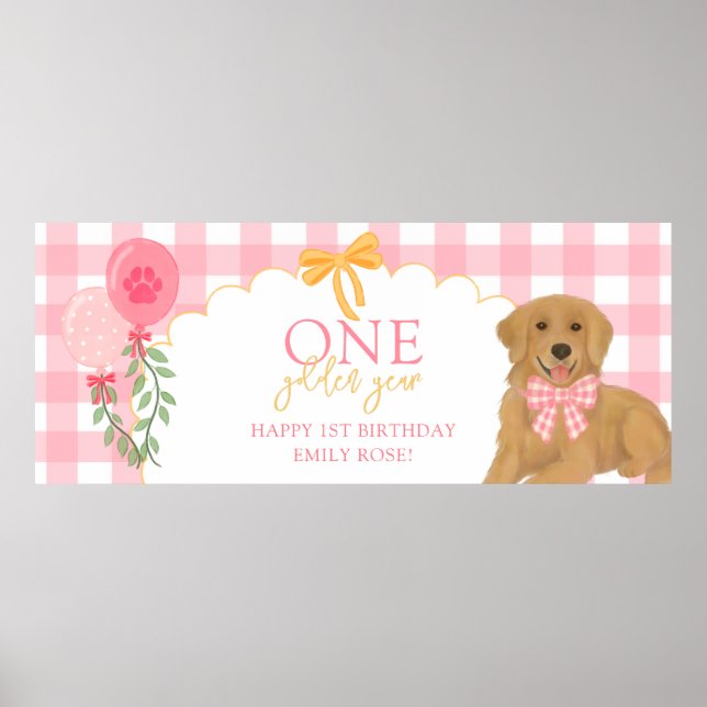 Pink One Golden Year Retriever Puppy 1st Birthday Poster (Front)