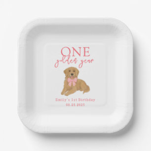 Pink One Golden Year Retriever Puppy Birthday Paper Plate