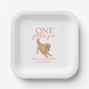 Pink One Golden Year Retriever Puppy Birthday Paper Plate