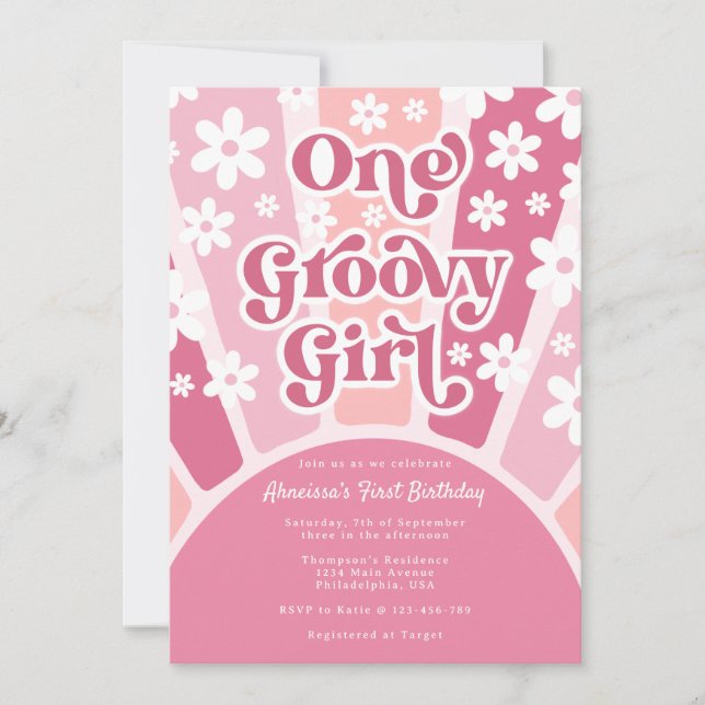 Pink One Groovy Girl Retro Rainbow First Birthday Invitation (Front)