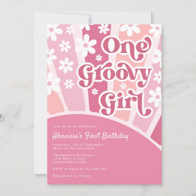 Pink One Groovy Girl Retro Rainbow First Birthday Invitation (Front)