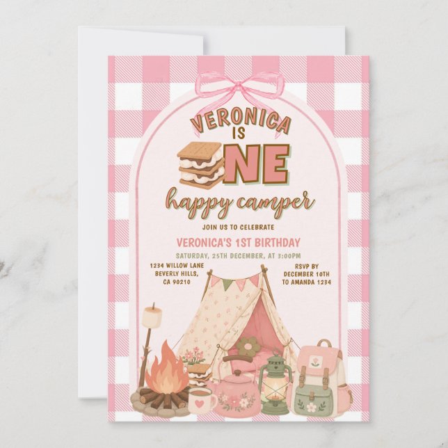 Pink One Happy Camper First Birthday Invitation (Front)