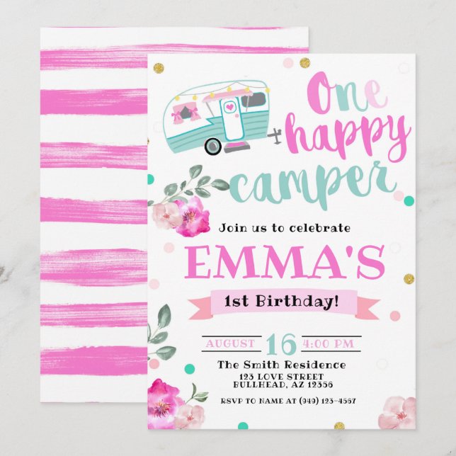 Pink One Happy Camper Watercolor 1st Birthday Invitation (Front/Back)