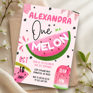 Pink One in A Melon 1st Watermelon Girl Birthday Invitation