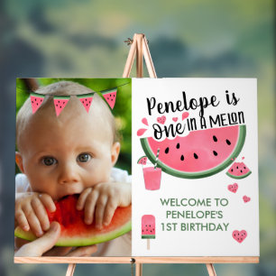 Pink One In A Melon Photo Girl's 1st Birthday  Acrylic Sign