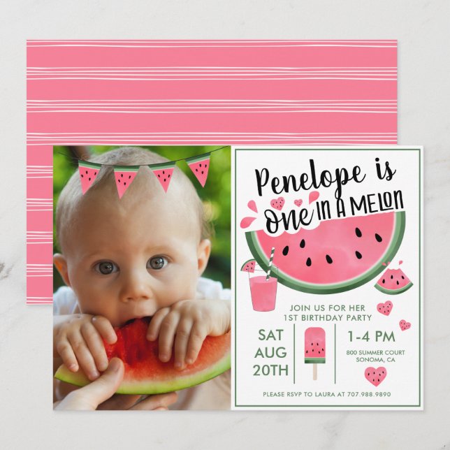 Pink One In A Melon Photo Girl's 1st Birthday Invitation (Front/Back)