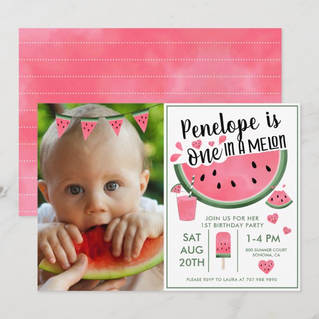 Pink One In A Melon Photo Girl's 1st Birthday  Invitation (Front/Back)