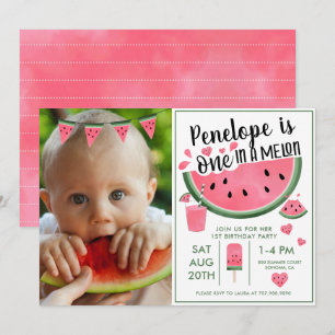 Pink One In A Melon Photo Girl's 1st Birthday  Invitation