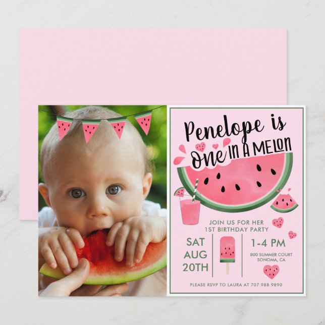 Pink One In A Melon Photo Girl's 1st Birthday  Invitation (Front/Back)