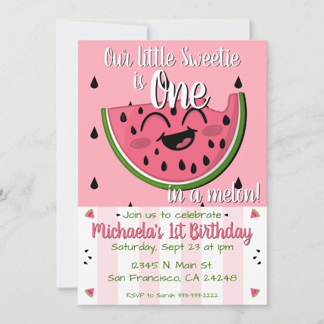Pink One in a Melon Watermelon Girl First Birthday Invitation (Front)