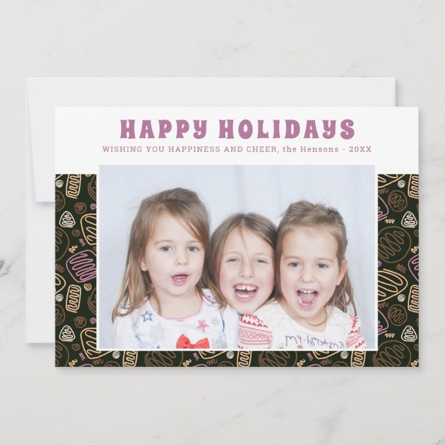 Pink One Line Art Artistic Holidays Family Photo Holiday Card (Front)