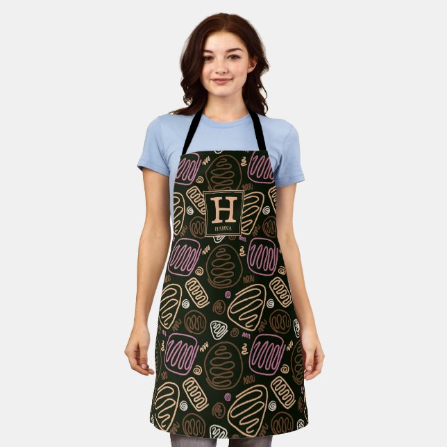 Pink One Line Artistic Drawing Pattern Monogram  Apron (Worn)