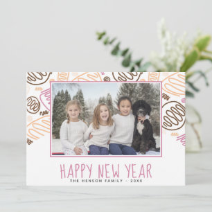Pink One Line Shapes Pattern Photo New Year  Holiday Card