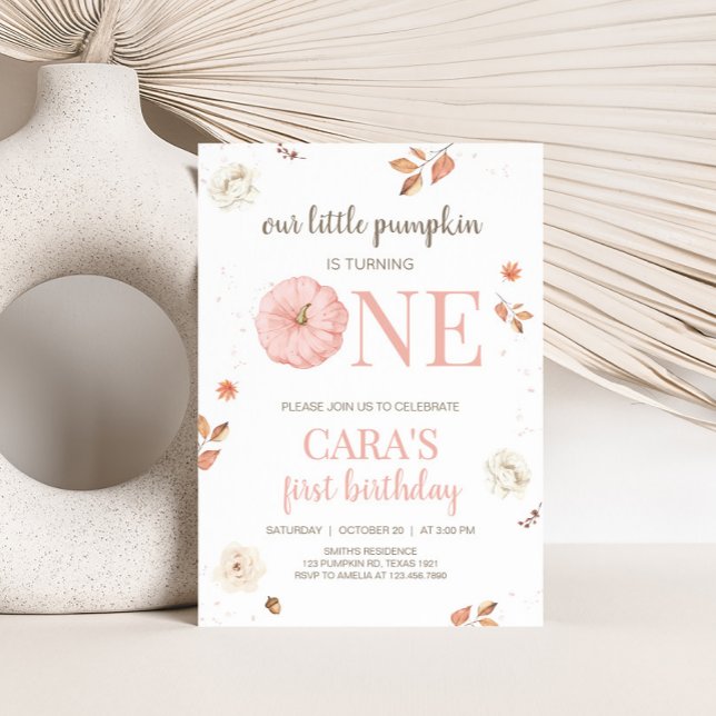 Pink One Little Pumpkin Birthday Party Invitation (Pink Little Pumpkin First Birthday Party Invitation)