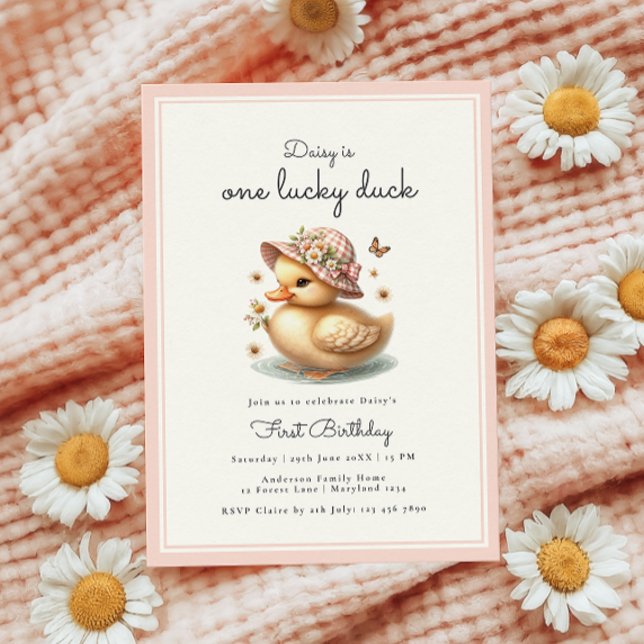 Pink One Lucky Duck Baby Girl First Birthday Invitation (Creator Uploaded)