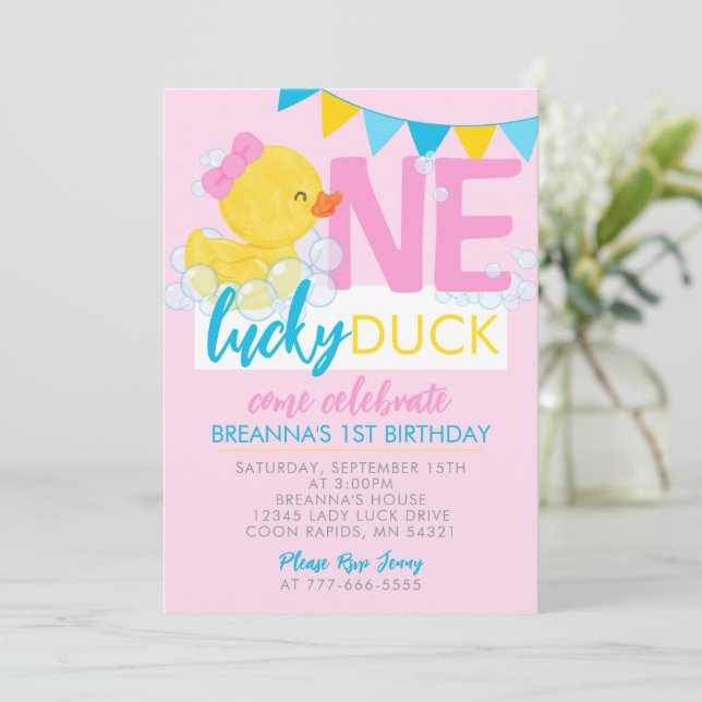 Pink One Lucky Duck Girl Rubber Duck 1st Birthday Invitation (Standing Front)