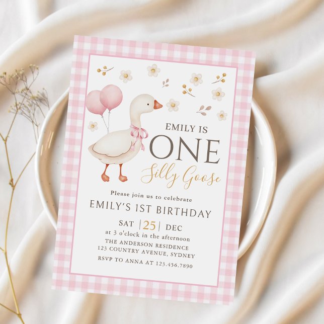 Pink One Silly Goose 1st Birthday Invitation (Creator Uploaded)