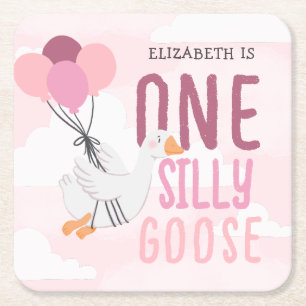 Pink One Silly Goose 1st Birthday Square Paper Coaster