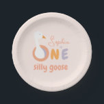 Pink One Silly Goose Cute Girl 1st Birthday Party Paper Plate<br><div class="desc">For a baby girl's first birthday with the theme "one silly goose". The word ONE has each letter in a different colour: red, orange and purple, and a white goose's head pops from the big O. The name is written in a red script. The background is blush pink. The goose...</div>