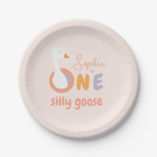 Pink One Silly Goose Cute Girl 1st Birthday Party Paper Plate