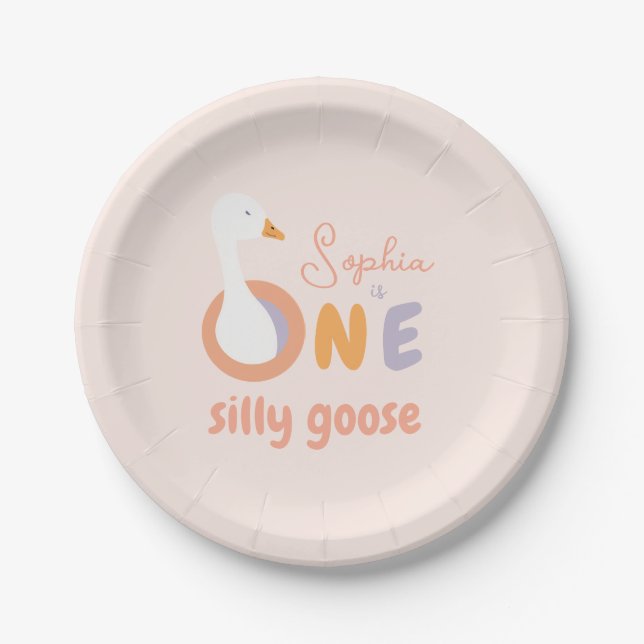 Pink One Silly Goose Cute Girl 1st Birthday Party Paper Plate (Front)