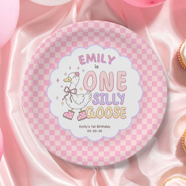 Pink One Silly Goose - Retro Girl First Birthday  Paper Plate (Pink One Silly Goose Birthday Paper Plates. Girl First Birthday Party Paper Plates.)