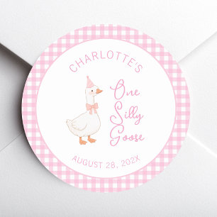 Pink One Silly Goose Rustic First Birthday Gingham Classic Round Sticker