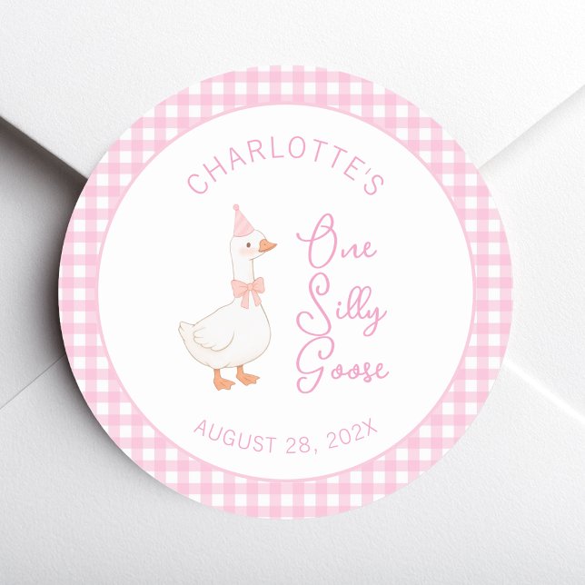 Pink One Silly Goose Rustic First Birthday Gingham Classic Round Sticker (Creator Uploaded)