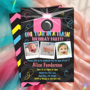 Pink One Year in a Flash First Birthday Photo Invitation