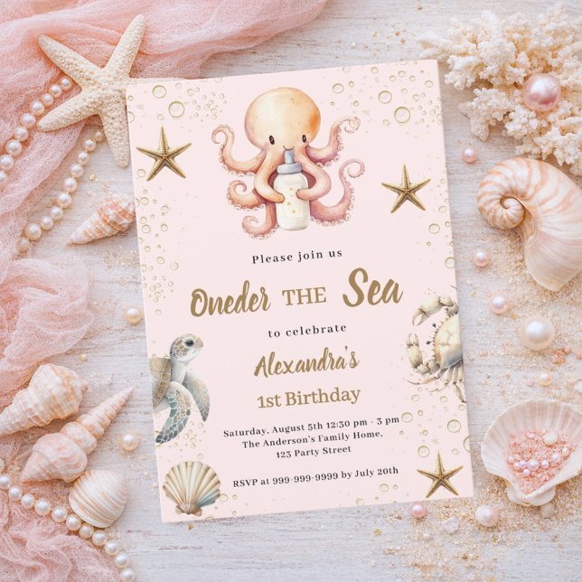 Pink oneder the sea ocean animal girl 1st Birthday Invitation (Creator Uploaded)