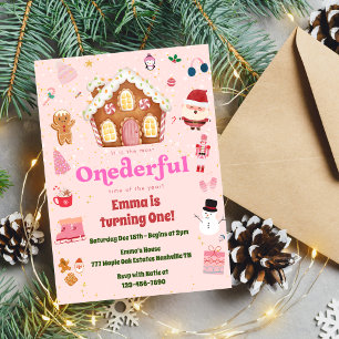 Pink ONEderful Christmas Winter 1st Birthday Invitation