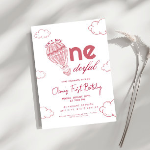 Pink Onederful Hot Air Balloon girl 1st Birthday Invitation