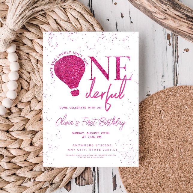 Pink Onederful Hot Air Balloon girl 1st Birthday Invitation (Creator Uploaded)