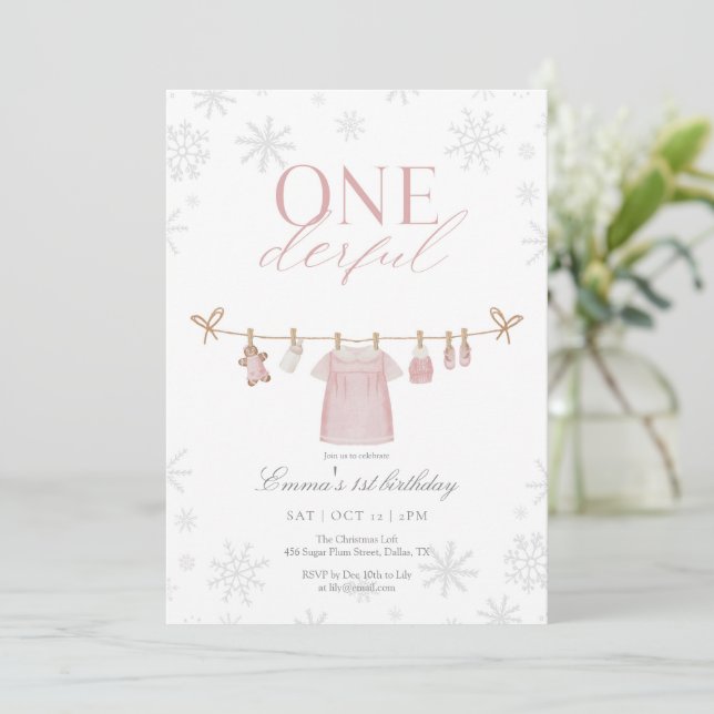 Pink ONEderful Winter First Birthday Invitation (Standing Front)