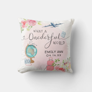 Pink ONEderful World Girls 1st First Birthday Cushion