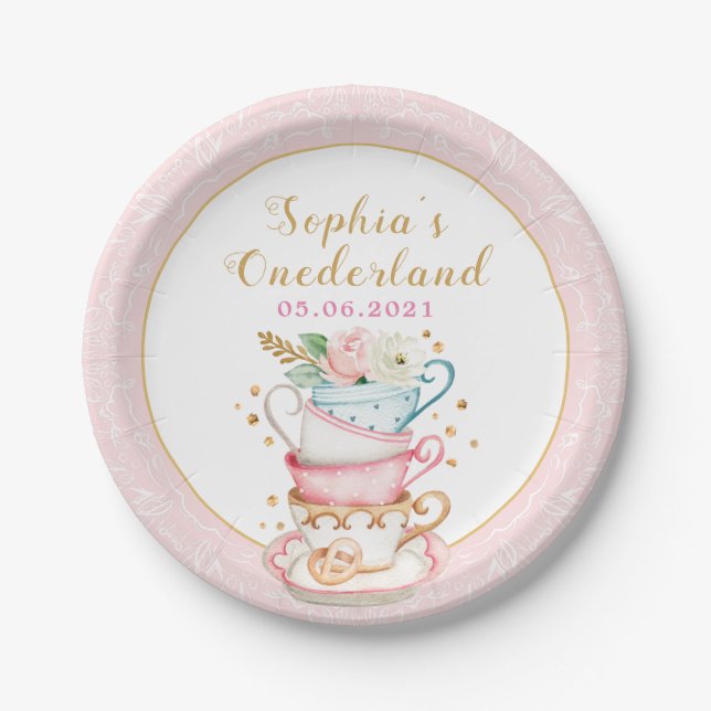 Pink Onederland Tea Party 1st Birthday Paper Plate (Front)