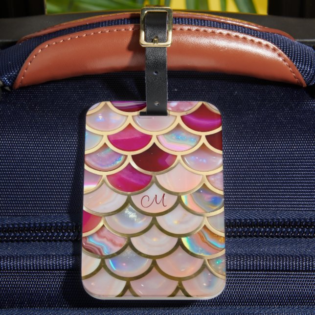 Pink Opal Iridescent Mermaid Scales Luggage Tag (Front Insitu 2)