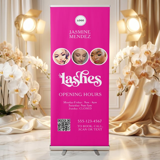 Pink Opening Hours QR Code Logo Custom Lash Salon Retractable Banner (Creator Uploaded)