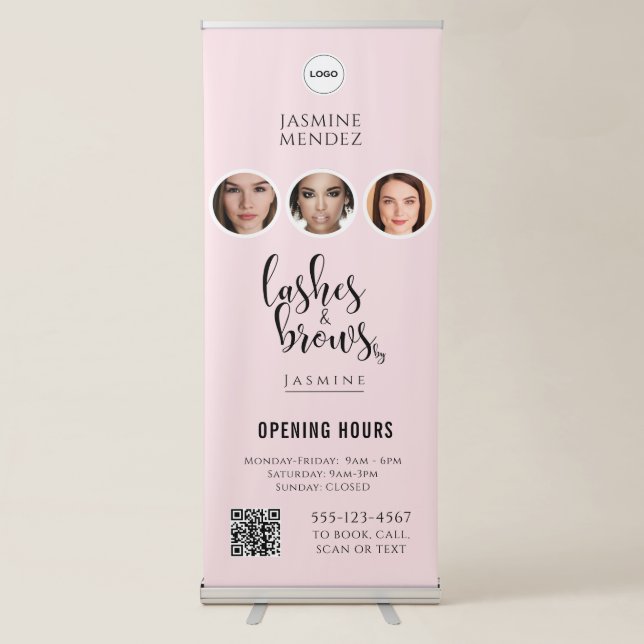 Pink Opening Hours QR Code Logo Lash Salon Retractable Banner (Front)