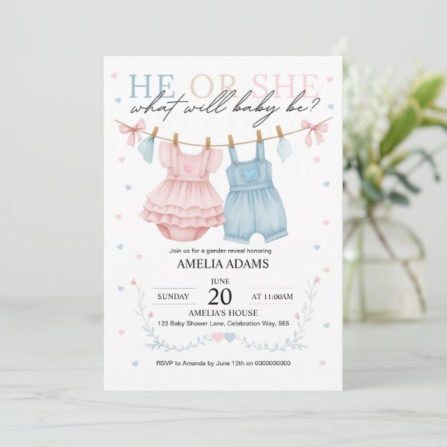 Pink or Blue Baby Clothes Gender Reveal Invitation (Standing Front)