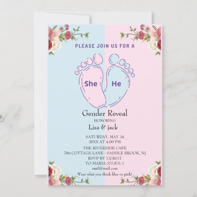 pink or blue baby foot invitation (Front)