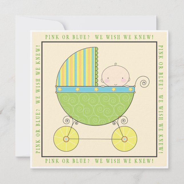 Pink or Blue? Baby in Carriage Neutral Baby Shower Invitation (Front)
