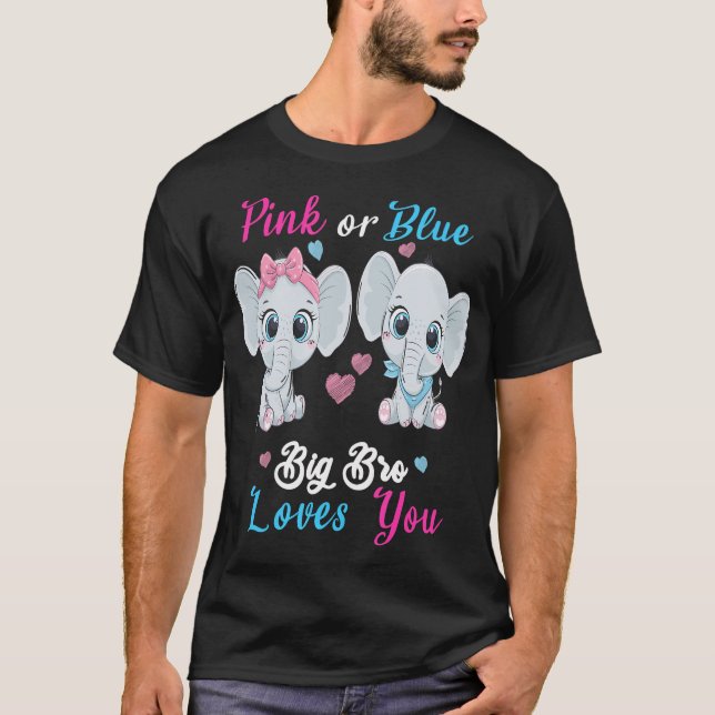 Pink Or Blue Big Bro Loves You Elephants Baby Gend T-Shirt (Front)