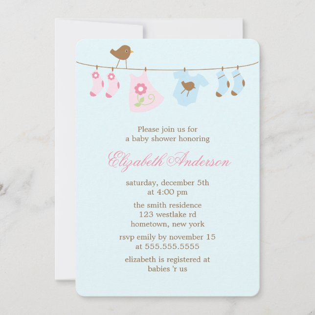 Pink or Blue? Clothesline Baby Shower Invitation (Front)