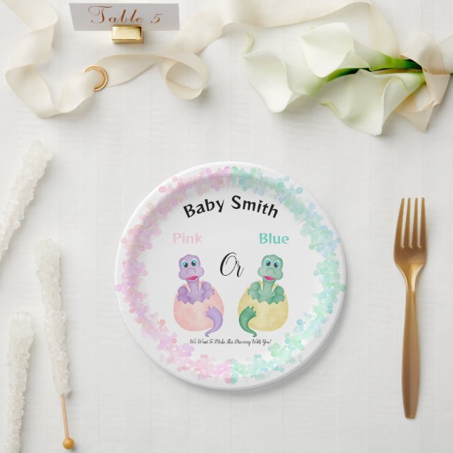 Pink Or Blue Dinosaur Baby Shower Gender Reveal Paper Plate (Wedding)