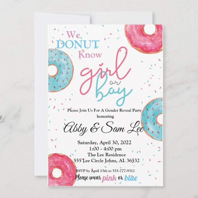 Pink or Blue Doughnut Gender Reveal Invitation (Front)