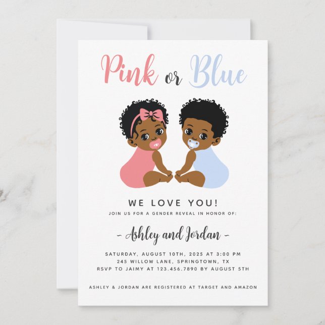 Pink or Blue Gender Reveal Invitation Black Babies (Front)