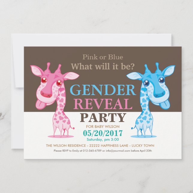 Pink or Blue Giraffe Gender Reveal Party RSVP Invitation (Front)